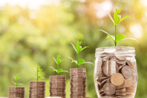 Image showing plants growing out of pots of cash coins - growing larger with every plant