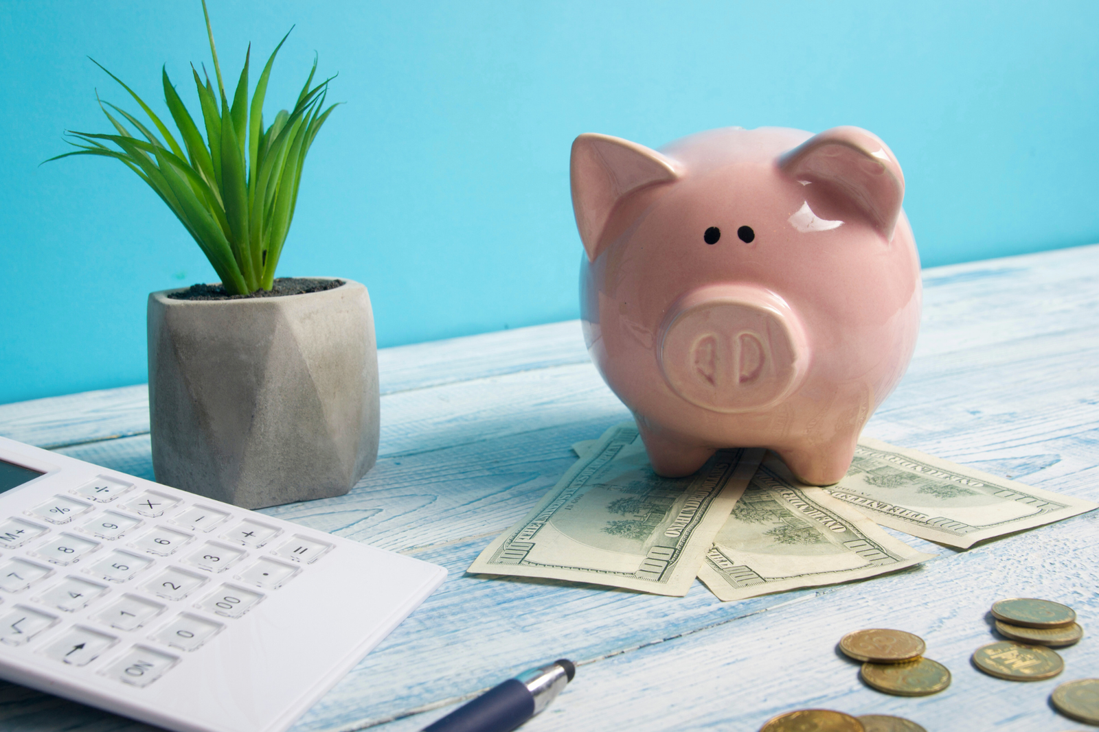 Pink piggybank sits on tops of budget planning papers against blue office background